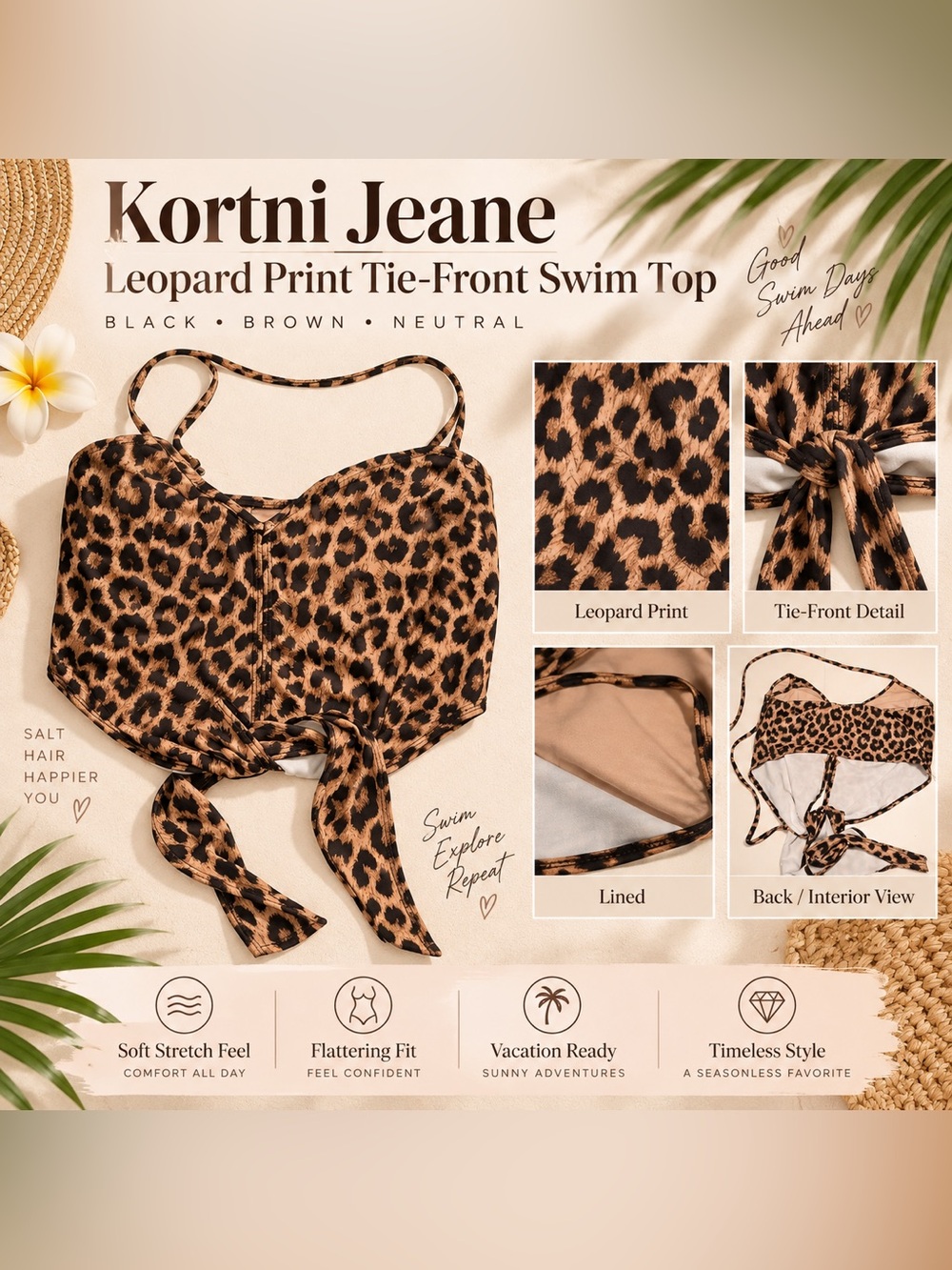 Kortni Jeane Leopard Print Tie-Front Swim Top – Black & Brown